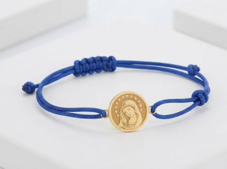 bijuterii aur - Brățară Reglabilă cu Șnur Albastru și Medalion Banu Maica Domnului cu Stele din Aur Galben 14K (Preț per Bucată)