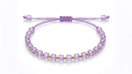 BRATARI SNUR AUR 14K - Brățară Reglabilă cu Șnur Liliachiu, Cristale Violet și Aur Galben 14K