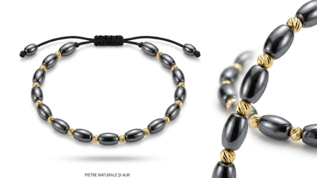 Bijuterii barbati - Brățară Reglabilă cu Șnur Negru, Hematit Oval și Biluțe din Aur Galben 14K