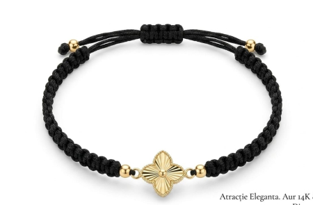 BRATARI SNUR AUR 14K - Brățară Reglabilă cu Șnur Negru Împletit și Floare din Aur Galben 14K cu Efect Guilloché