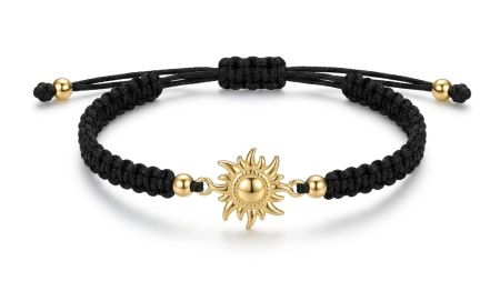 BRATARI SNUR AUR 14K - Brățară Reglabilă cu Șnur Negru Împletit și Soare din Aur Galben 14K