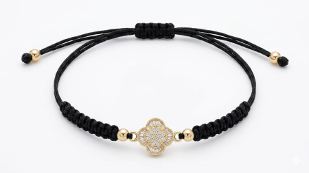 BRATARI SNUR AUR 14K - Brățară Reglabilă cu Șnur Negru Împletit și Trifoi cu Zirconii din Aur 14K