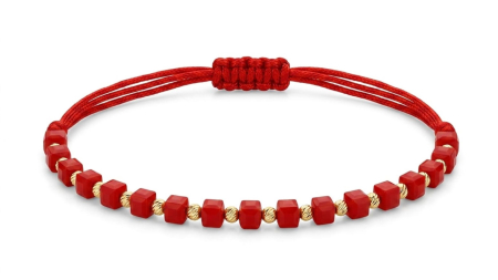 BRATARI SNUR AUR 14K - Brățară Reglabilă cu Șnur Roșu, Cuburi Geometrice și Biluțe Striate din Aur Galben 14K