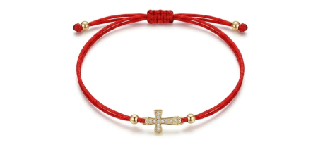BRATARI SNUR AUR 14K - Brățară Reglabilă cu Șnur Roșu Dublu și Cruce din Aur 14K cu Zirconii