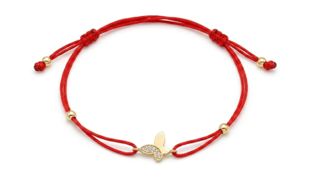 BRATARI SNUR AUR 14K - Brățară Reglabilă cu Șnur Roșu Dublu și Fluture din Aur 14K cu Zirconiu
