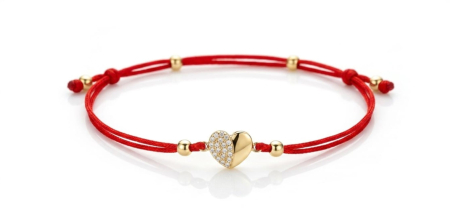 BRATARI SNUR AUR 14K - Brățară Reglabilă cu Șnur Roșu Dublu și Inimă Duală din Aur 14K și Zirconiu