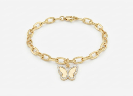 bratari aur 14k - Brățară Statement din Aur Galben 14K – Lanț cu Zale și Fluture cu Cristale (20 cm, 7.68g)