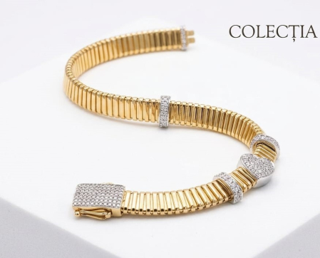 bratari aur 14k - Brățară Stil Italian Aur 14K, Design Striat cu Verigi Pavate