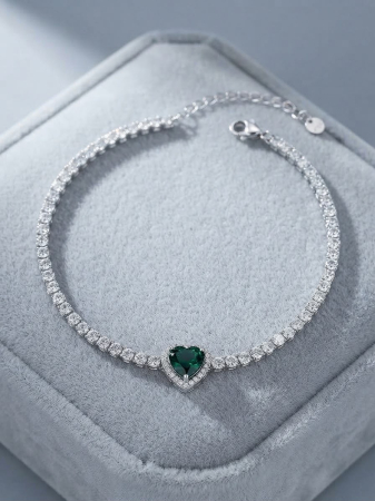 Bratara argint 925 dama - Brățară Tennis din Argint 925, Model Inimă Verde Smarald și Halou de Cristale (4.48g, 17+3cm)