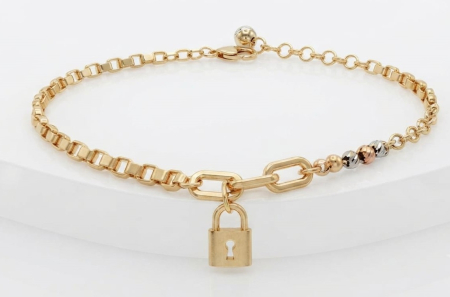 bratari aur 14k - Brățară Tricolor din Aur 14K cu Pandantive Lacăt și Biluțe Diamantate – Design Asimetric Modern