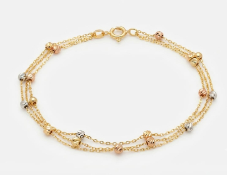 bratari aur 14k - Brățară Triplă din Aur Tricolor 14K – Sfere Diamantate și Lucioase (17 cm + 3 cm, 2.55g)