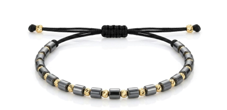 Bijuterii barbati - Brățară Unisex cu Șnur Negru, Cilindri din Hematit Negru Lucios și Biluțe Striate din Aur Galben 14K