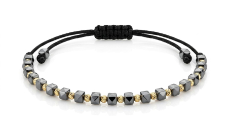Bijuterii barbati - Brățară Unisex cu Șnur Negru, Cuburi din Hematit Fațetat (Stil Piramidă) și Biluțe din Aur Galben 14K