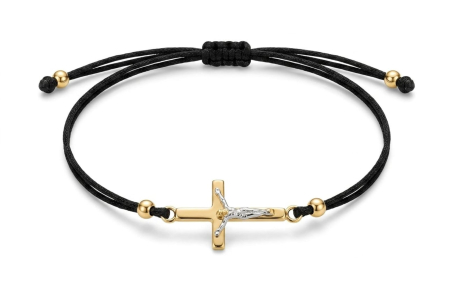 Bijuterii barbati - Brățară Unisex cu Șnur Negru Dublu și Pandantiv Crucifix din Aur Bicolor Galben și Alb 14K