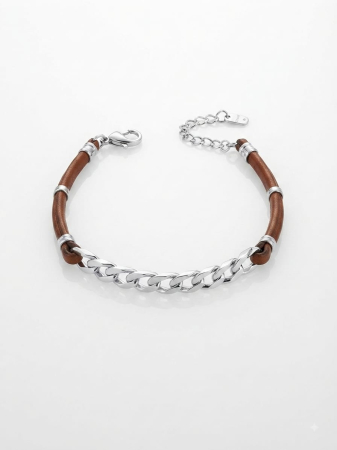bijuterii barbati - Brățară Unisex din Argint 925 cu Lanț Gourmette și Piele Maro Împletită, 19+3 cm, 7g
