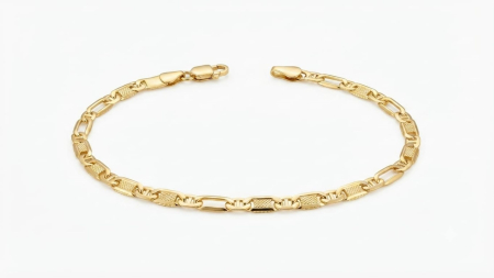 BRATARI BARBATI AUR 14K - Brățară Unisex din Aur Galben 14K Model Figaro cu Plăcuțe Texturate | 20 cm, 2.28g