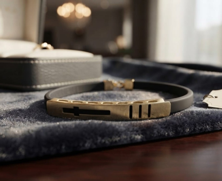 BRATARI BARBATI AUR 14K - Brățara unisex din aur galben de 14K și cauciuc cu motiv cruce decupată