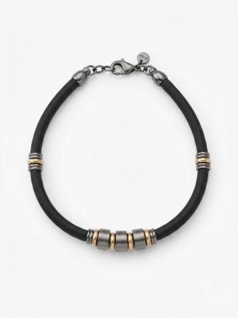 bijuterii barbati - Brățară Unisex din Piele și Argint 925 „Industrial Elements” - Cu Inele Metalice Gunmetal și Aurii