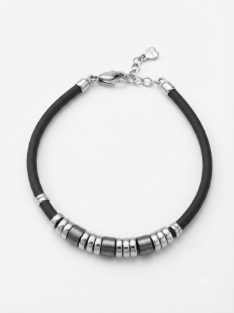 bijuterii barbati - Brățară Unisex din Șnur Negru și Argint 925 „Urban Code” - Cu Elemente Geometrice Argintii și Finisaj Hematit