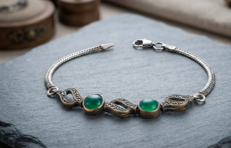 Bijuterii argint 925 - Brățară Vintage din Alamă și Argint 925 cu Pietre Verzi Cabochon