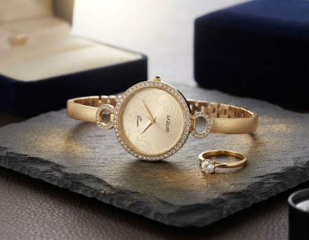 CEAS AUR - Ceas de Damă din Aur 14K Geneve – Cadran cu Model Filigran și Brățară Satinată