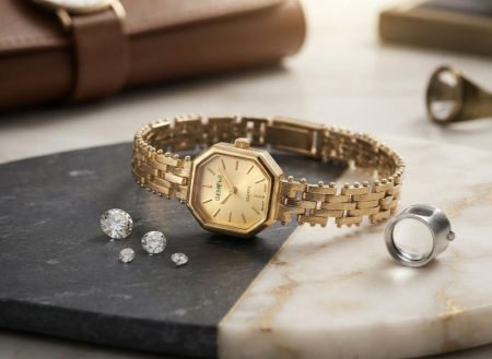 CEAS AUR - Ceas de Damă din Aur 14K Geneve – Carcasă Octogonală și Brățară Fină