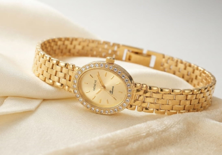 CEAS AUR - Ceas de Damă din Aur 14K Geneve – Model Oval cu Pietre și Brățară din Zale