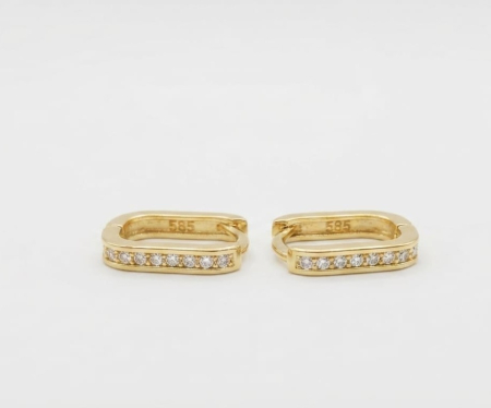 Cercei aur 14k - Cercei Alungiți Dreptunghiulari din Aur Galben 14K cu Zirconii, Model Huggie Geometrice 2 cm, 1.69g