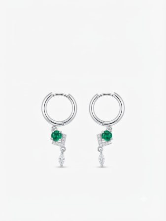 Cercei argint - Cercei Argint 925 Huggie Hoop Emerald Marquise Drop – Eleganță și Rafinament Regal