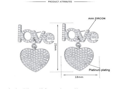 Cercei argint - Cercei Argint 925 Placați cu Platină – Model "LOVE" cu Inimă și Cristale AAA Zircon