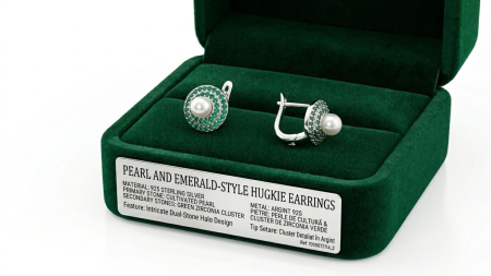 Bijuterii argint 925 - Cercei Argint 925 "Royal Emerald & Pearl" – Design Huggie cu Dublu Halou