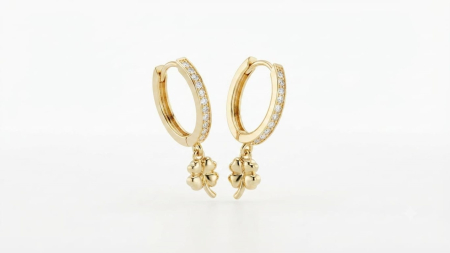 Cercei aur 14k copii - Cercei Aur 14K Lucky Clover – Creole Huggie cu Cristale și Pandantiv Trifoi