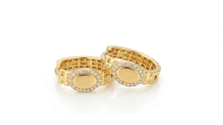 bijuterii aur - Cercei Aur 14K Luxury Huggie – Design Stil Brățară Ceas cu Medalion și Cristale