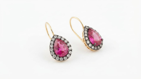 bijuterii aur - Cercei Aur 14K Pink Velvet – Picătură Roz cu Halou de Cristale și Rodiu Negru