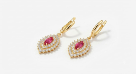 bijuterii aur - Cercei Aur 14K Red Empress – Formă Marquise cu Dublu Halou de Cristale