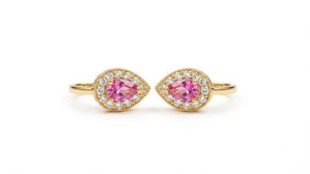 Cercei aur 14k copii - Cercei Aur 14K Royal Drop – Picătură Roz cu Halou de Cristale – Eleganță și Culoare