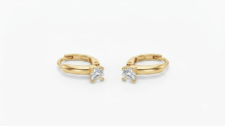 Cercei aur 14k copii - Cercei Aur 14K Solitaire Huggie – Design Elegant cu Cristal Central – Strălucire Clasică