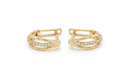 bijuterii aur - Cercei Aur 14K Triple Wave – Design împletit cu Cristale – Eleganță Multidimensională