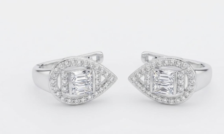Cercei aur 14k - Cercei Aur Alb 14K 3.22g | Model Lacrimă Emerald Cut cu Pavaj Zirconii 15mm