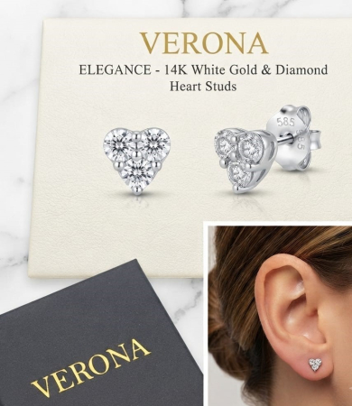 CERCEI AUR 14K CU DIAMANT NATURAL - Cercei Aur Alb 14K Inimă cu Diamante 0.22ct FG SI, 0.89g