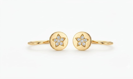 Cercei aur 14k copii - Cercei Aur Galben 14K 0.90g | Model Bănuț cu Steluță și Zirconii 18mm