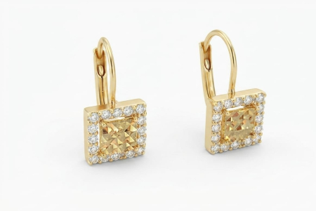 Cercei aur 14k copii - Cercei Aur Galben 14K 1.7g | Model Pătrat cu Piatră Centrală și Halo Zirconii 16mm