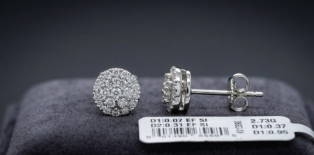 CERCEI AUR 14K CU DIAMANT NATURAL - Cercei Buton din Aur Alb 14K cu 0.38 ct Diamante Naturale Clustered Halo E-F/SI