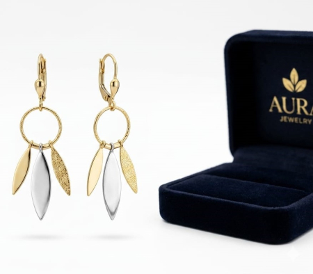 Cercei aur 14k - Cercei Candelabru din Aur 14K Bicolor „Frunze și Texturi”