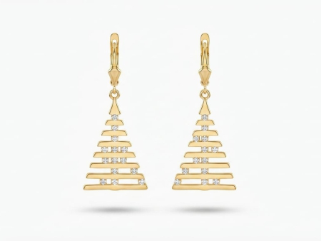 Cercei aur 14k - Cercei Candelabru din Aur Galben 14K cu Design Geometric în Formă de Piramidă și Zirconii – 4cm, 3.68g