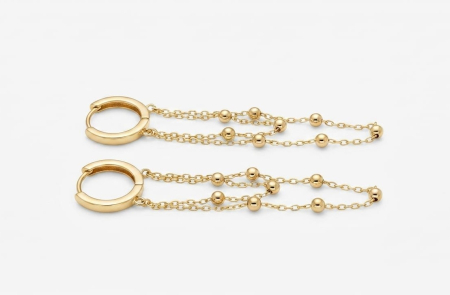 Cercei aur 14k - Cercei Candelabru din Aur Galben 14K cu Verigă Huggie, Lanțuri și Biluțe, 3.5 cm, 2.76g