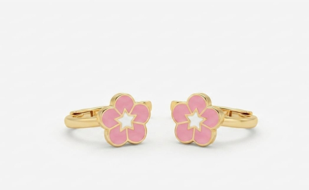 Cercei aur 14k copii - Cercei Copii din Aur Galben 14K cu Email Roz și Alb, Model Floricică Huggie 10 mm, 1.19g