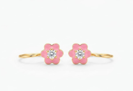 Cercei aur 14k copii - Cercei Copii din Aur Galben 14K cu Floricică Emailată Roz și Zirconiu Central, Model Tortiță 18 mm, 1.12g