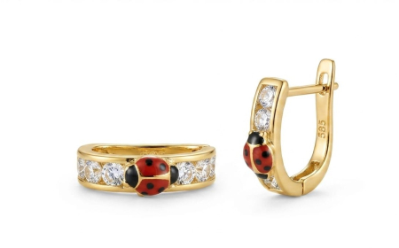 Cercei aur 14k copii - Cercei Copii din Aur Galben 14K cu Gărgăriță Emailată și Zirconii, Model Verigă 12 mm, 1.25g