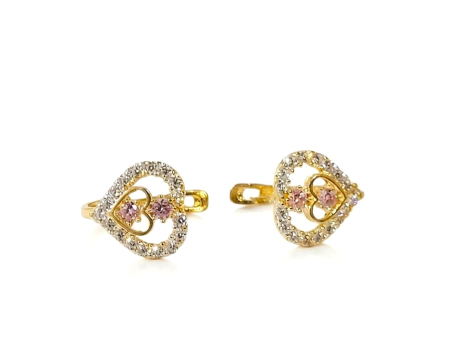 Cercei aur 14k copii - Cercei Copii din Aur Galben 14K în Formă de Inimă cu Zirconii Albe și Roz, Model Tortiță 10 mm, 1.29g